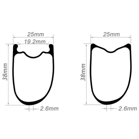 Cross-sectional diagram of Dope Asymmetric Tubeless Carbon Rim for 700C Road Bikes 25mm wide and 38mm deep.