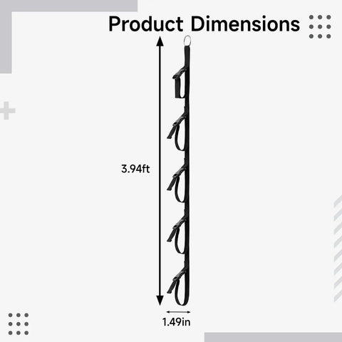 Product dimensions of Hella Sturdy Four Pack Cord Organizer Straps Featuring Slick Adjustable Five Loop Buckles for tight cable management.