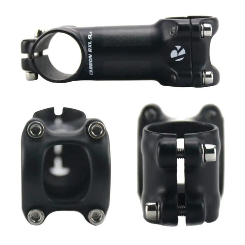 Ultra Lightweight Carbon Fiber Bike Stem 31 8mm Clamp 60mm Length 6 Degree Rise Road And Mountain Bike Compatible Matte 3K Finish Hybrid Carbon And Aluminum Build Red And Black Color showing top and side views