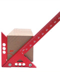 Sick Aluminum Alloy Woodworking Square For Dead Center Layout And 45 90 Degree Angle Measuring Tool With Sharp Scribe Ruler In Bold Red Metric Workshop Finish showing 45 degree angle on wooden block.