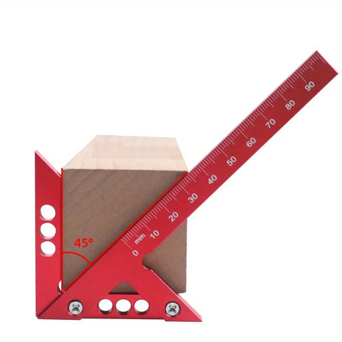 Sick Aluminum Alloy Woodworking Square For Dead Center Layout And 45 90 Degree Angle Measuring Tool With Sharp Scribe Ruler In Bold Red Metric Workshop Finish showing 45 degree angle on wooden block.
