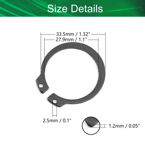 Close-up of Tough As Nails 27.9mm External Circlips with size details, formed from 65Mn steel for machinery use.