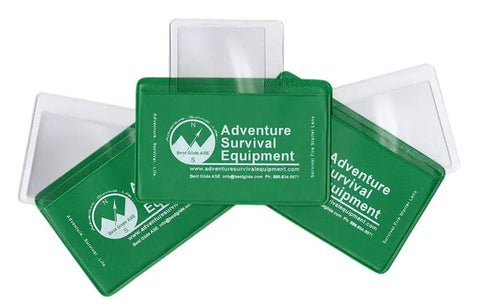 Credit Card Size Fresnel Lens 3 Pack in Green with 4X Magnification, PVC reading magnifiers with protective sleeves displayed