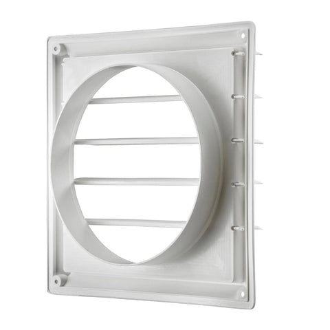 White 8 Inch Plastic Louver Vent With Opening And Closing Flaps And UV Inhibitor For Outdoor Use Built Tough For Exterior Walls Or Roof Grille