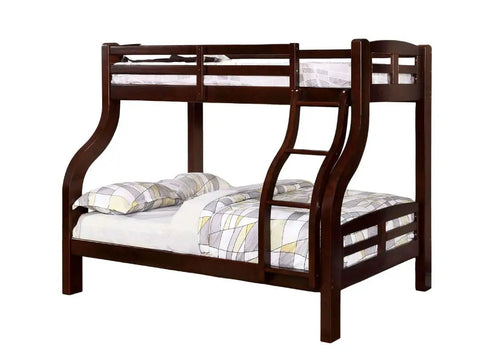 Espresso Twin Over Full Loft Bed With Attached Curved Ladder And Upper Bed Rails, kid-friendly bedroom furniture in wood finish