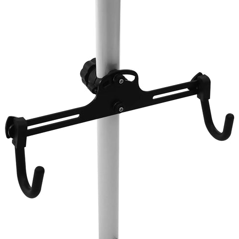 Close-up of adjustable hooks on Three Bike Vertical Storage Rack, Floor To Ceiling Freestanding Hanger with heavy duty design