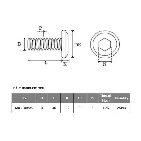 M8 1.25 x 30mm Flat Head Hex Socket Cap Screws Metric Stainless Steel Bolts technical drawing with dimensions and specifications.