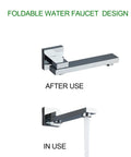 Foldable water faucet design in chrome finish; upper image shows faucet folded, lower image with water flow "in use"