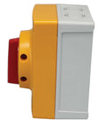 Side view of Beefy Enclosed Mountable Motor Disconnect Switch For Heavy Duty Machinery 3 Pole 25A 600V IP66 NEMA 4X.