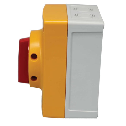 Side view of Beefy Enclosed Mountable Motor Disconnect Switch For Heavy Duty Machinery 3 Pole 25A 600V IP66 NEMA 4X.
