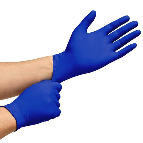 Cobalt blue nitrile disposable gloves, pair being worn in a close-up view.