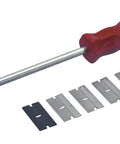 Red Razor Blade Scraper Kit With Five Stainless Steel Blades For Sticker Removal On Windshields And Bumpers Includes A Safety Plastic Blade For Laminated Glass Spring Release Interchangeable Blades Hollow Handle To Store All Blades, red handle with blades