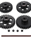 4 Pack Steel Pinion Gears For One Eighth Scale RC Cars, 28T 29T 30T 31T, 5mm Shaft Hole, with M4 Set Screws and wrench on display