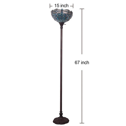 Dragonfly Tiffany Style Floor Lamp With Stained Glass Shade LED Uplight Torchiere Bronze Base 67 Inch Tall Sea Blue Finish