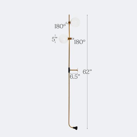 Equinox LED Wall Sconce Indoor Plug In Light For Bedroom And Bathroom With Glass Globe Shades Industrial Wall Mounted Fixture And On Off Switch Gold Finish Perfect For A Modern Home Vibe with dimensions and angles shown.