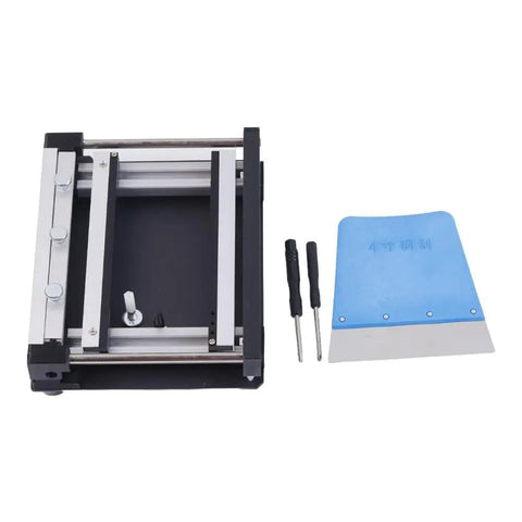 Manual SMT Solder Paste Printing Table With Steel Mesh, accessories, and tools, small screen printing station for PCB, top view