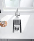 Stainless Steel Single Bowl Bar Sink For Undermount Prep In Small Kitchens 10 Inch By 17 Inch 8.5 Inch Deep 16 Gauge Includes Sink Strainer Waste Basket And Bottom Grid Scratch And Stain Resistant installed in white countertop