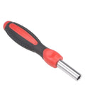 Straight Up Durable Quarter Inch Hex Shank Screwdriver Handle With Hella Secure Non Slip Grip And Strong Magnetic Bit Holder Designed For Effortless Torque And Badass Comfort During Heavy Workshop Tasks, featuring non-slip red and black grip.