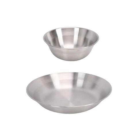 Stainless steel bowl and plate from Camping Utensil Set Stainless Steel 304 Mess Kit Cup Bowl Plate Knife Fork Spoon With Mesh Carry Bag