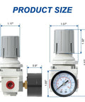 Front view of AirZoe AR2000-02 air regulator with gauge, 0-150 psi, 1/4 in NPT, white/gray body
