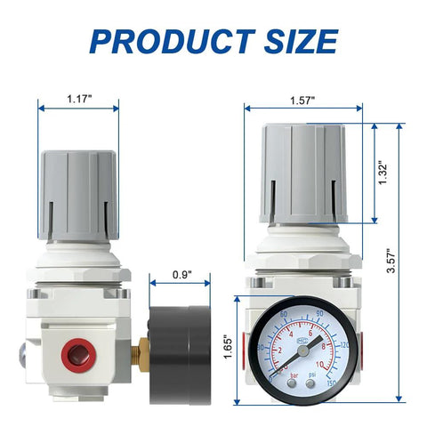 Front view of AirZoe AR2000-02 air regulator with gauge, 0-150 psi, 1/4 in NPT, white/gray body