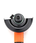 Close-up view of Badass 4 Inch Pneumatic Angle Grinder For Heavy Duty Polishing And Grinding Featuring Front Exhaust Cooling Adjustable Speed Switch And Rugged Metal Spark Guard Cover.