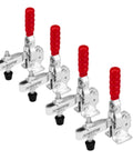 Built Heavy Duty 4 Pack Toggle Clamps Kicking Out 500 Lbs Quick Release Vertical Grip And Grippy Rubber Caps, aluminum with red grips.