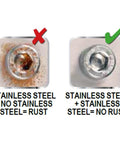 Comparison of rusted and non-rusted stainless steel bolts illustrating corrosion resistance properties.
