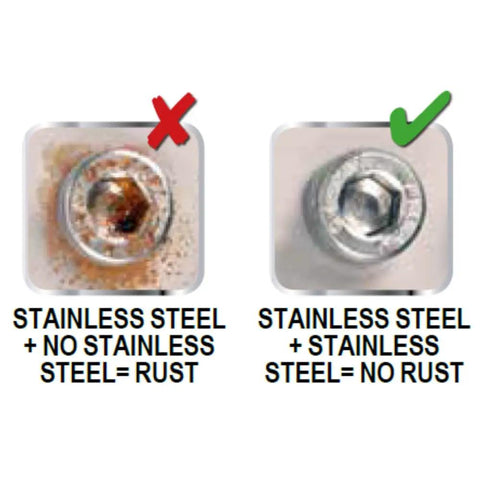 Comparison of rusted and non-rusted stainless steel bolts illustrating corrosion resistance properties.