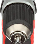 Close-up of Heavy Duty Cordless Lithium Ion Right Angle Drill Compact High Torque Quick Disconnect Battery Power Tool chuck and bit.