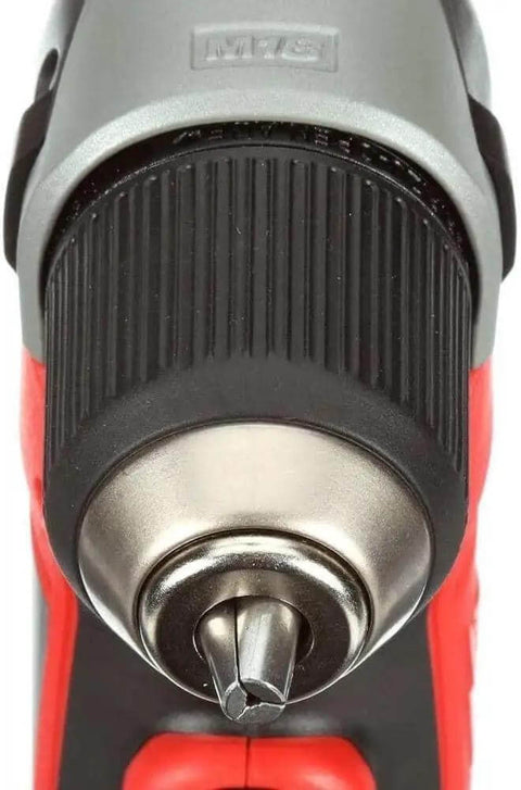 Close-up of Heavy Duty Cordless Lithium Ion Right Angle Drill Compact High Torque Quick Disconnect Battery Power Tool chuck and bit.