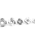 Galvanized Silver Carbon Steel Tee Nut Kit For Furniture Projects, M3 M4 M5 M6 M8 sizes shown in a row, rust resistant finish