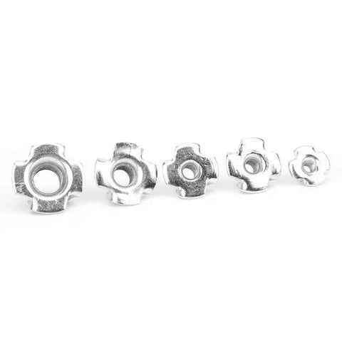 Galvanized Silver Carbon Steel Tee Nut Kit For Furniture Projects, M3 M4 M5 M6 M8 sizes shown in a row, rust resistant finish