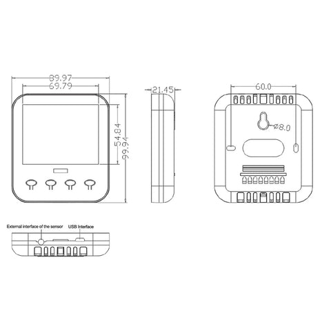 Technical drawing of Wall Mounted Temperature And Humidity Transmitter With LCD Display RS485 Modbus 4-20mA And 0-10V Outputs HVAC Sensor