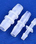 Front view of clear plastic 1/8-inch hose barb connectors and adapters for water/air lines; 12-pack.