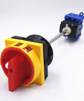 1 Pack Built Tough Universal Changeover Selector Switch 380V 32A Power Transfer Rotary Cam Switch for Motors Water Pumps and Generators with Extension Rod Load Disconnect Flame Retardant PC Housing Copper Parts and Silver Alloy Contacts, red-yellow handle