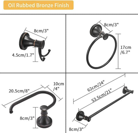 Dimensions and components of Oil Rubbed Bronze 4 Piece Bathroom Accessories Set with wall mounted design