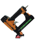 Pneumatic nail gun with ergonomic handle in black and orange design