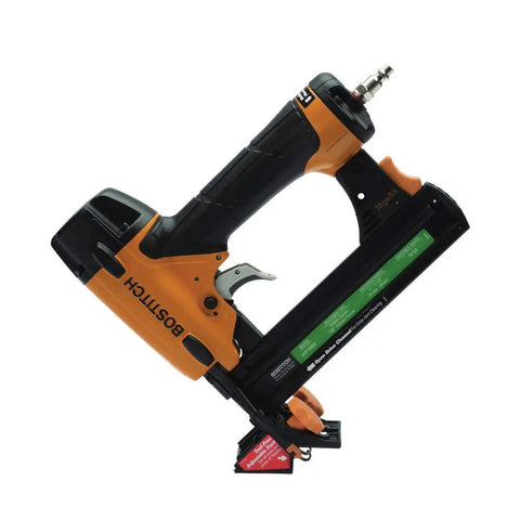 Pneumatic nail gun with ergonomic handle in black and orange design