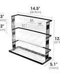 Three Tier Tea Bag Organizer With Clear Acrylic Compartments And Black Steel Frame Holds 15 Compartments For Coffee Station Storage On Countertop Or In Cabinet Great For Office And Kitchen, dimensions shown.