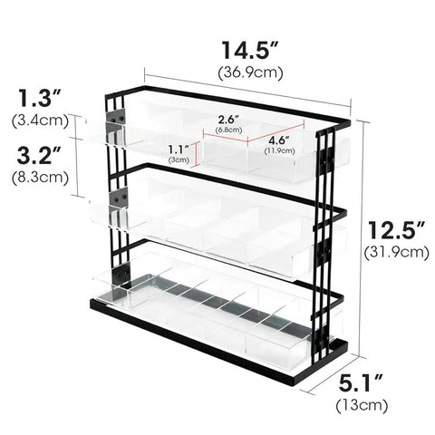 Three Tier Tea Bag Organizer With Clear Acrylic Compartments And Black Steel Frame Holds 15 Compartments For Coffee Station Storage On Countertop Or In Cabinet Great For Office And Kitchen, dimensions shown.