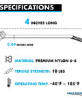 Specifications for Radius Clamp Head Hose And Cable Ties 4 Inch 100 Pack Nylon Zip Ties With 18 Lbs Tensile Strength UV And Chemical Resistant