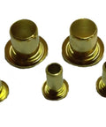 Brass Eyelets 0.089 Inch Barrel Diameter 0.150 Inch Flange Diameter arranged on a white background, ideal for leather and craft projects.