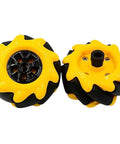 Tires: two yellow flower-shaped wheels with black centers, 48mm diameter; front and side views