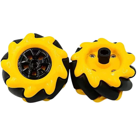 Tires: two yellow flower-shaped wheels with black centers, 48mm diameter; front and side views