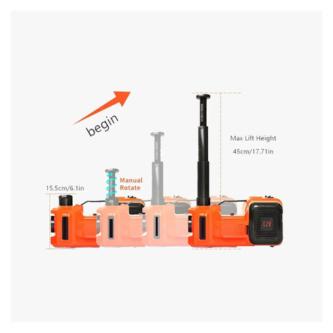 Badass 5 Ton Electric Car Jack Kit Heavy Duty Hydraulic Lifter with visible components, max lift height 45cm, orange design.