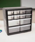 12-Drawer Parts Organizer in black with clear view drawers, wall mountable for easy access to small hardware, tools, and craft supplies