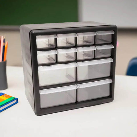 12-Drawer Parts Organizer in black with clear view drawers, wall mountable for easy access to small hardware, tools, and craft supplies
