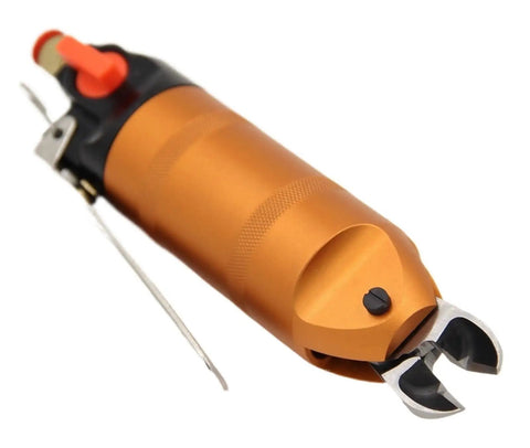 Heavy Duty Professional Pneumatic Air Scissors Nipper Tool For Wire Cutting With S5 Steel Blade Hold Down Clamps angled view showing cutting blades.