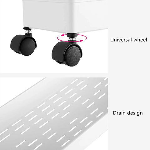 No Sweat Rolling Utility Cart With Smooth Slide Out Storage Rack And Reinforced Hook features universal wheels and drain design.